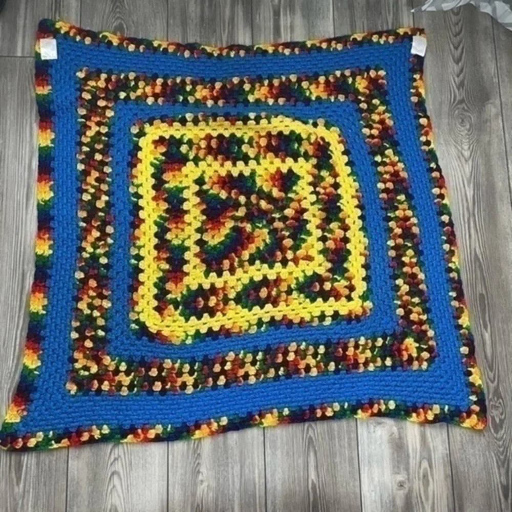 Handmade Granny Square Crocheted Blanket Baby Blanket Rainbow Pattern 35 x 37.5”